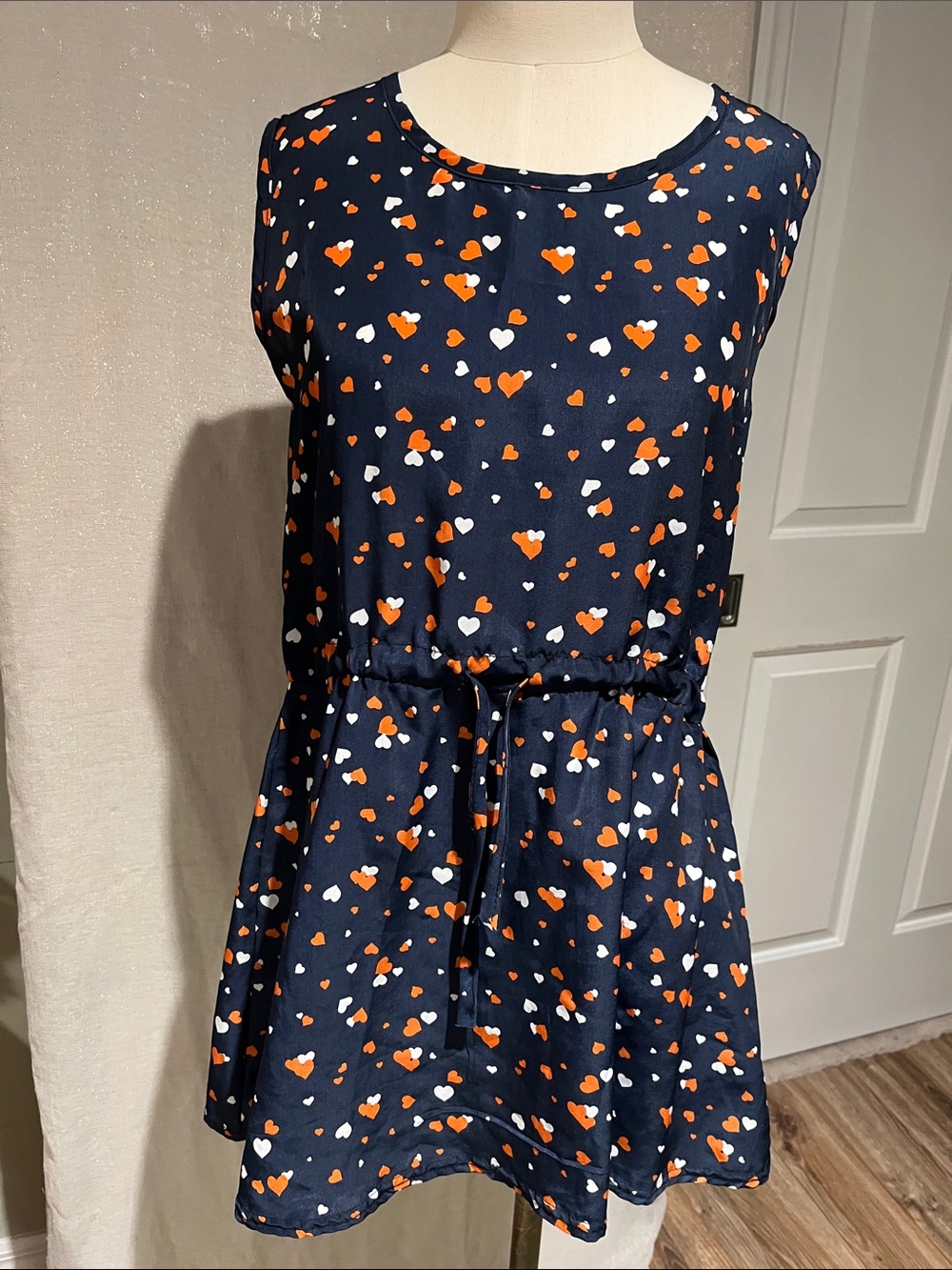 Girls' Navy Dress with Orange & White Heart Print